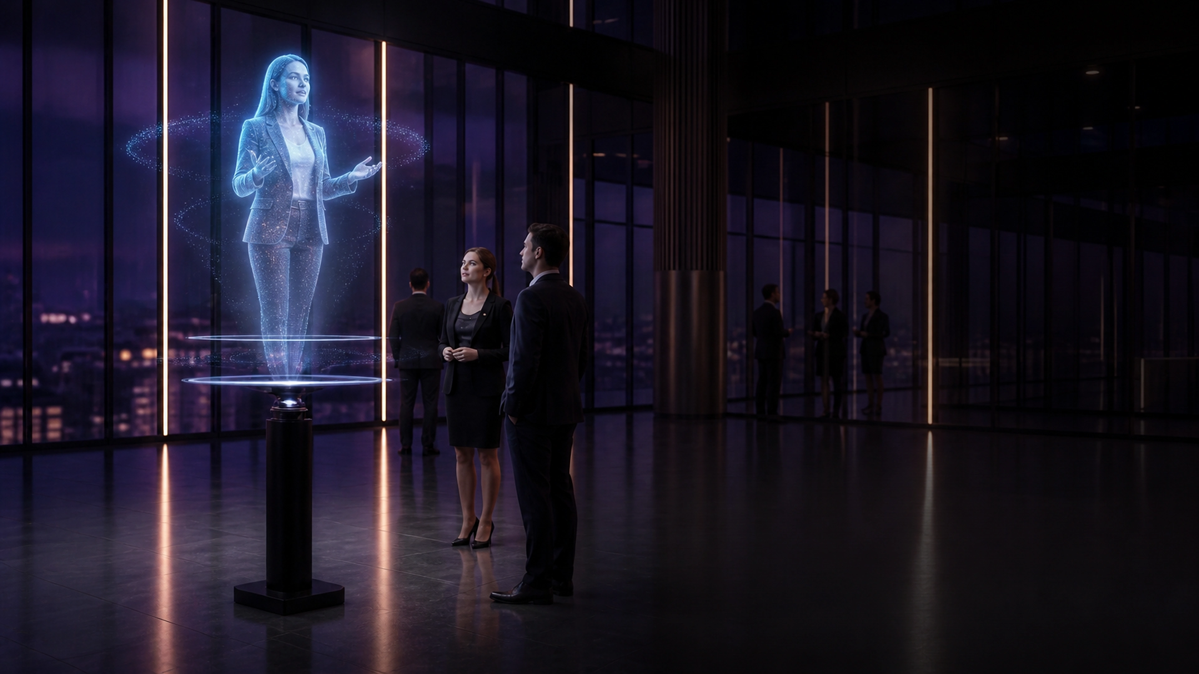 UNIT FAN holographic LED fan display projecting a floating presenter in a lobby